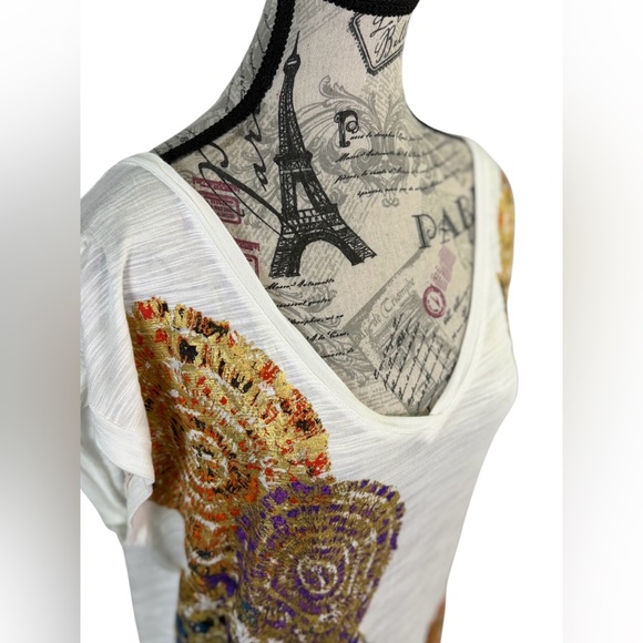 Cupio Cream Abstract Medallion V-Neck Slub Knit Top Size Large - Picture 7 of 11